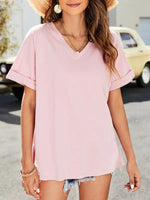 Summer new solid color v-neck short-sleeved top with short front and long rear slits - D'Sare