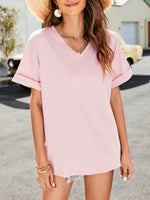 Summer new solid color v-neck short-sleeved top with short front and long rear slits - D'Sare