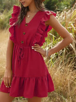 Casual V-neck ruffled bubble tie dress