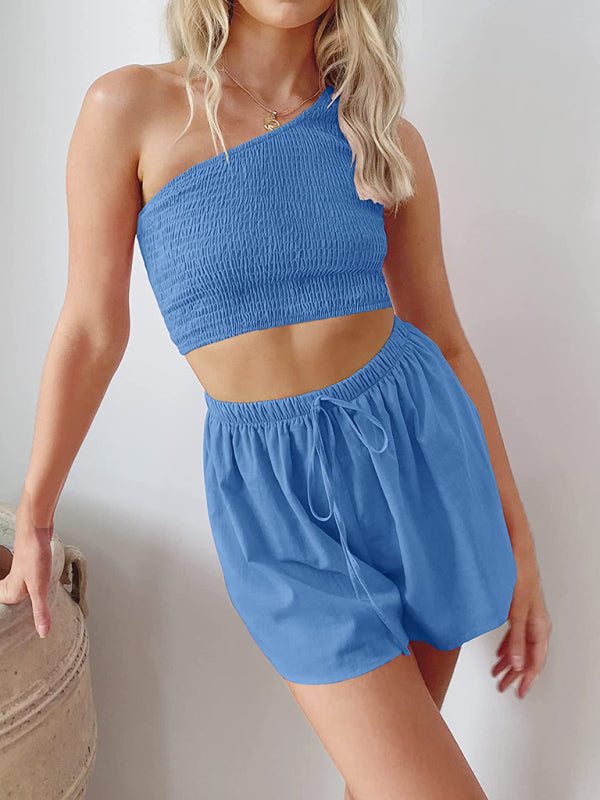 One-shoulder gathered crop top shorts beach two-piece suit