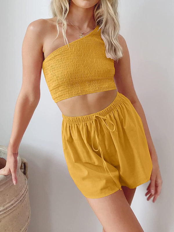 One-shoulder gathered crop top shorts beach two-piece suit
