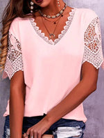 Lace Trim Stitching Loose V Neck Short Sleeve Women's Top