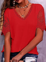 Lace Trim Stitching Loose V Neck Short Sleeve Women's Top