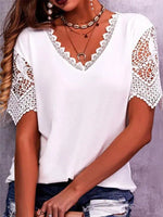 Lace Trim Stitching Loose V Neck Short Sleeve Women's Top