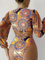 Women's Ethnic Printed Mesh Long Sleeve Bikini Set - D'Sare