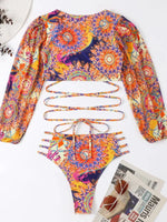 Women's Ethnic Printed Mesh Long Sleeve Bikini Set - D'Sare