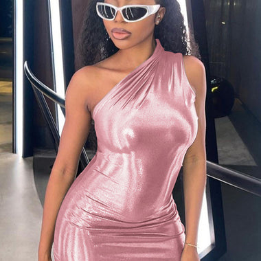 New Sexy Slim Solid Color Slant Shoulder Sleeveless Hip Dress