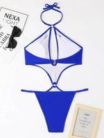 Solid Color Cut-out Pearl Halter One-piece Bikini Swimwear Sets - D'Sare