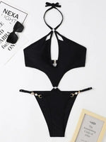 Solid Color Cut-out Pearl Halter One-piece Bikini Swimwear Sets - D'Sare