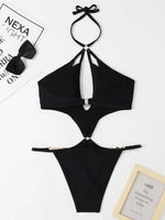 Solid Color Cut-out Pearl Halter One-piece Bikini Swimwear Sets - D'Sare