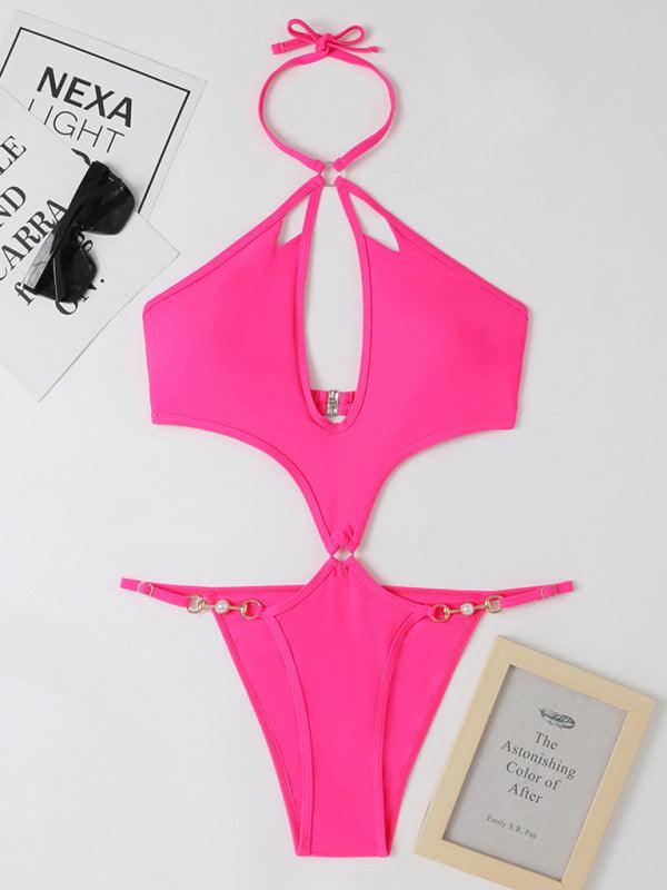 Solid Color Cut-out Pearl Halter One-piece Bikini Swimwear Sets