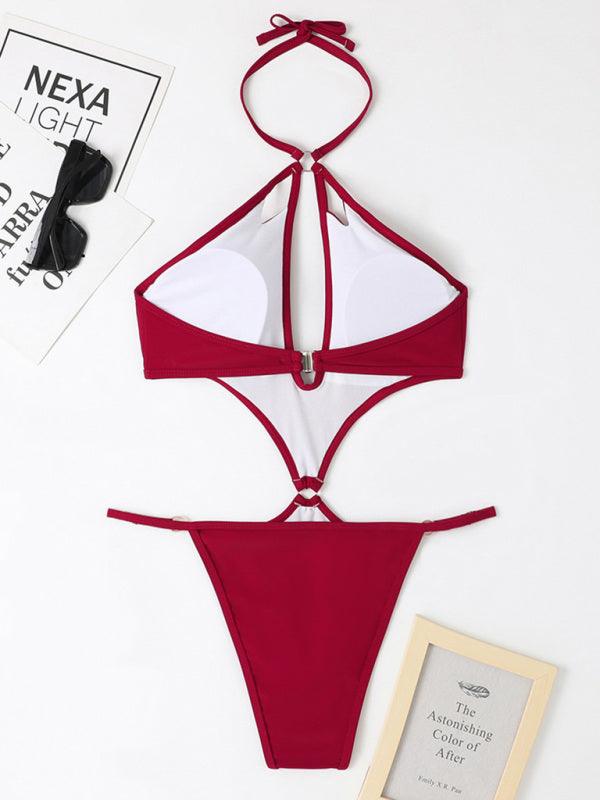 Solid Color Cut-out Pearl Halter One-piece Bikini Swimwear Sets