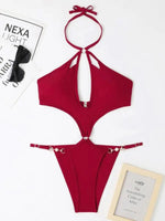 Solid Color Cut-out Pearl Halter One-piece Bikini Swimwear Sets - D'Sare