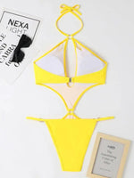 Solid Color Cut-out Pearl Halter One-piece Bikini Swimwear Sets - D'Sare