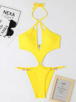 Solid Color Cut-out Pearl Halter One-piece Bikini Swimwear Sets - D'Sare