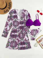 Women's High Waist Printed Three Piece Bikini With Mesh Cape Split Cover-up - D'Sare