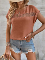 Women's summer new casual solid color stitching lace hollow short-sleeved top - D'Sare