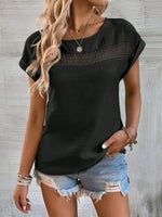 Women's summer new casual solid color stitching lace hollow short-sleeved top - D'Sare