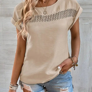 Women's summer new casual solid color stitching lace hollow short-sleeved top - D'Sare