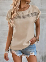 Women's summer new casual solid color stitching lace hollow short-sleeved top - D'Sare