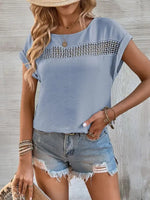 Women's summer new casual solid color stitching lace hollow short-sleeved top - D'Sare