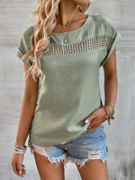 Women's summer new casual solid color stitching lace hollow short-sleeved top - D'Sare