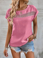 Women's summer new casual solid color stitching lace hollow short-sleeved top - D'Sare