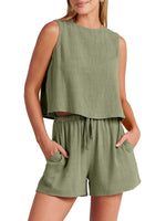 Women's woven solid color sleeveless loose cotton linen top shorts two-piece set - D'Sare