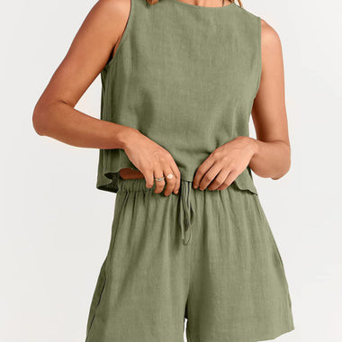 Women's woven solid color sleeveless loose cotton linen top shorts two-piece set - D'Sare