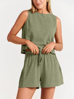 Women's woven solid color sleeveless loose cotton linen top shorts two-piece set - D'Sare