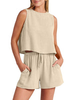 Women's woven solid color sleeveless loose cotton linen top shorts two-piece set - D'Sare