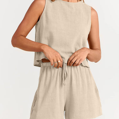 Women's woven solid color sleeveless loose cotton linen top shorts two-piece set - D'Sare