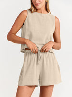 Women's woven solid color sleeveless loose cotton linen top shorts two-piece set - D'Sare