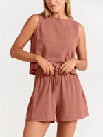 Women's woven solid color sleeveless loose cotton linen top shorts two-piece set - D'Sare