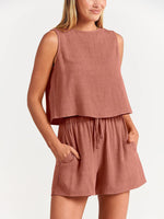 Women's woven solid color sleeveless loose cotton linen top shorts two-piece set - D'Sare