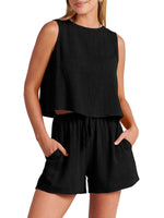 Women's woven solid color sleeveless loose cotton linen top shorts two-piece set - D'Sare