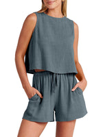 Women's woven solid color sleeveless loose cotton linen top shorts two-piece set - D'Sare