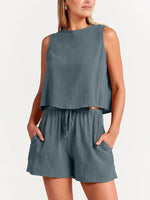 Women's woven solid color sleeveless loose cotton linen top shorts two-piece set - D'Sare