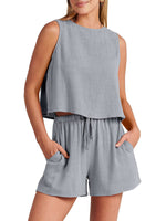 Women's woven solid color sleeveless loose cotton linen top shorts two-piece set - D'Sare