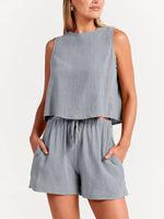 Women's woven solid color sleeveless loose cotton linen top shorts two-piece set - D'Sare