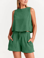 Women's woven solid color sleeveless loose cotton linen top shorts two-piece set - D'Sare