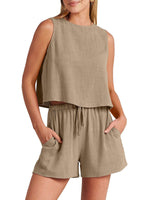 Women's woven solid color sleeveless loose cotton linen top shorts two-piece set - D'Sare