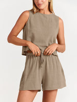 Women's woven solid color sleeveless loose cotton linen top shorts two-piece set - D'Sare