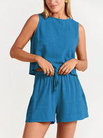 Women's woven solid color sleeveless loose cotton linen top shorts two-piece set - D'Sare