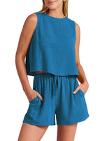 Women's woven solid color sleeveless loose cotton linen top shorts two-piece set - D'Sare