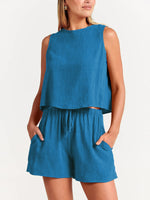 Women's woven solid color sleeveless loose cotton linen top shorts two-piece set - D'Sare