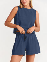 Women's woven solid color sleeveless loose cotton linen top shorts two-piece set - D'Sare