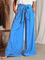 Women's Solid Color Drawstring Knot Wide Leg Trousers - D'Sare