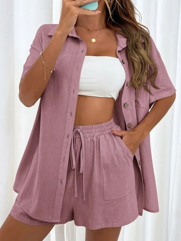 Loose-fit short-sleeve single-breasted shorts Two-piece solid-color shirt set