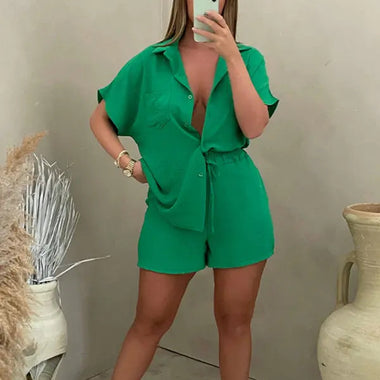 Fashion Casual Solid Color Single Breasted Sleeve Shirt Elastic Waist Shorts Two-Piece Set